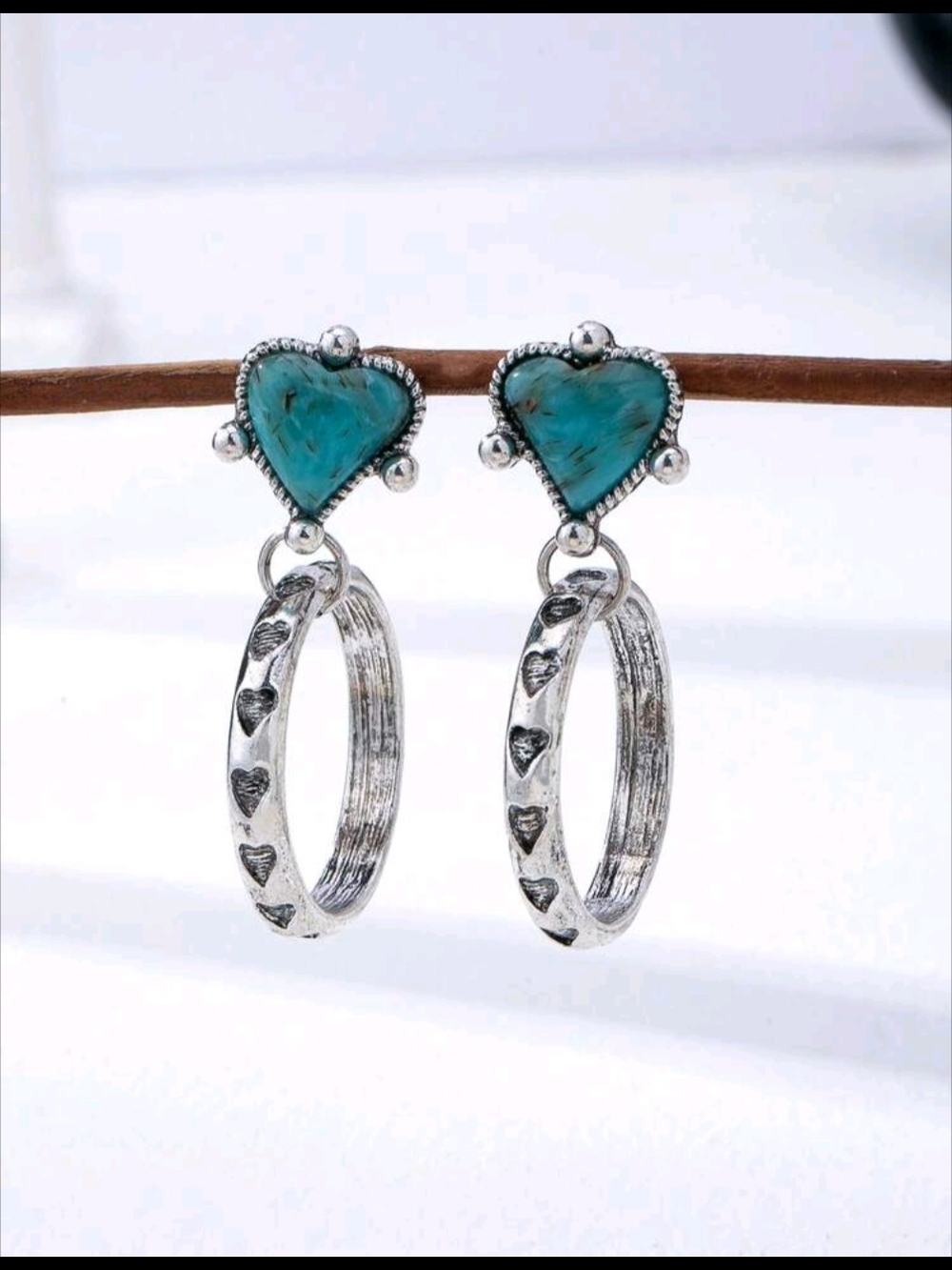 Turquoise Heart Post and Silver Heart-Detail Hoop Earrings